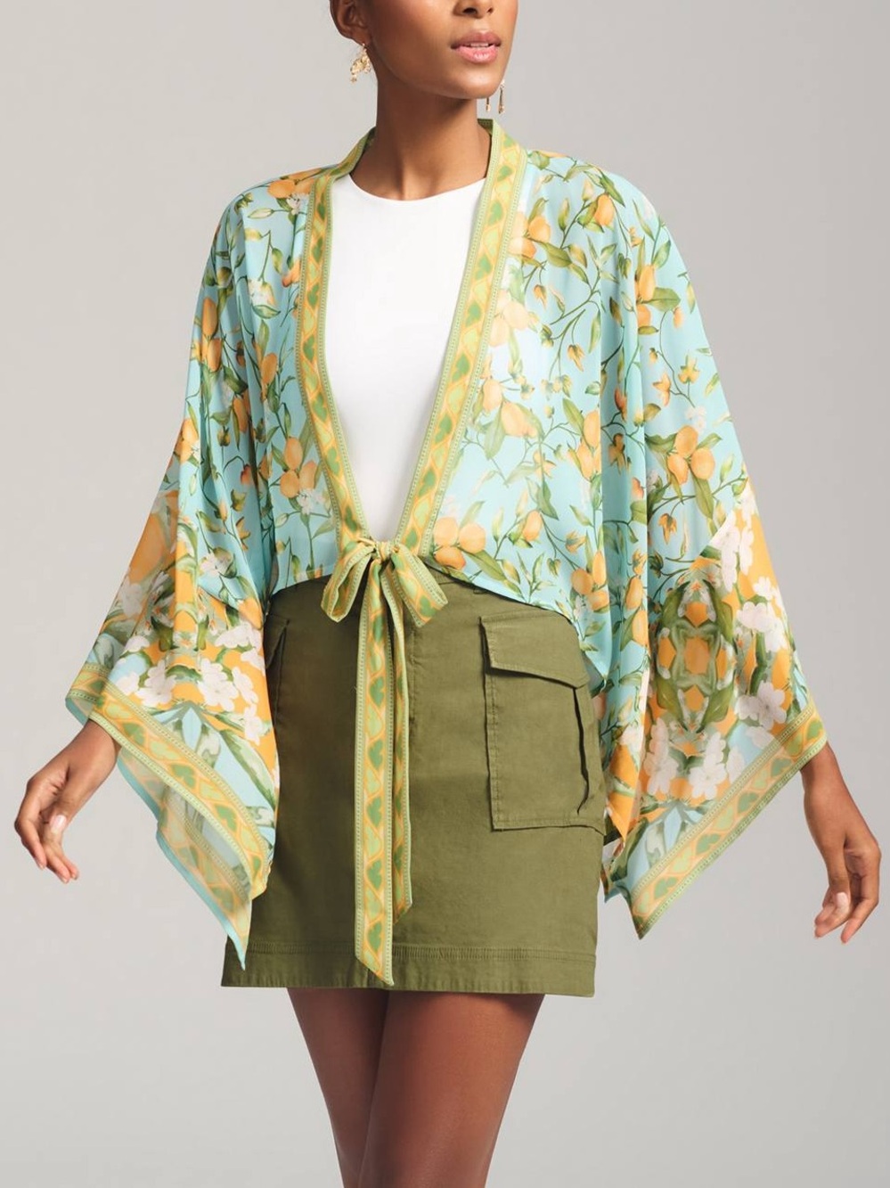PilcBy Anthropologie Printed Wrap Top Blue Floral Tie-Front Kimono Cover-up